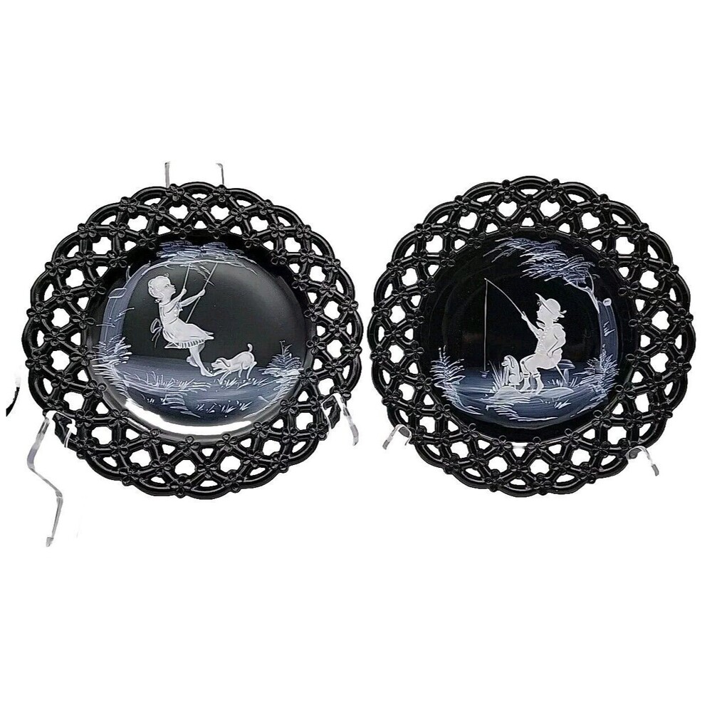 Westmoreland Black Glass Plates Set of 2- Boy Fishing Girl Swinging Mary Gregory
